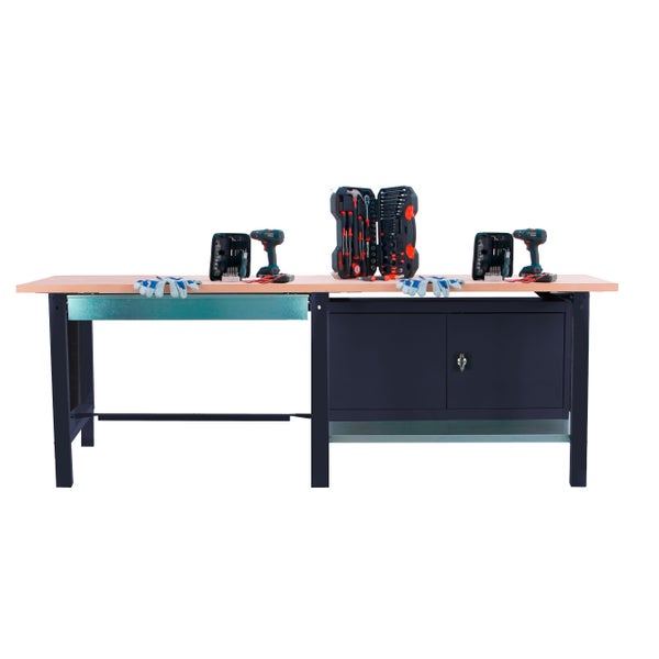 Werkbank BUFFALO WOOD mit 1x Schublade + Schrank| HxBxT 86,5x210x75cm | Traglast 1000kg | Anthrazit