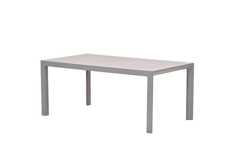 Rechteckiger Gartentisch aus Aluminium mit Tischplatte in Lattenoptik.