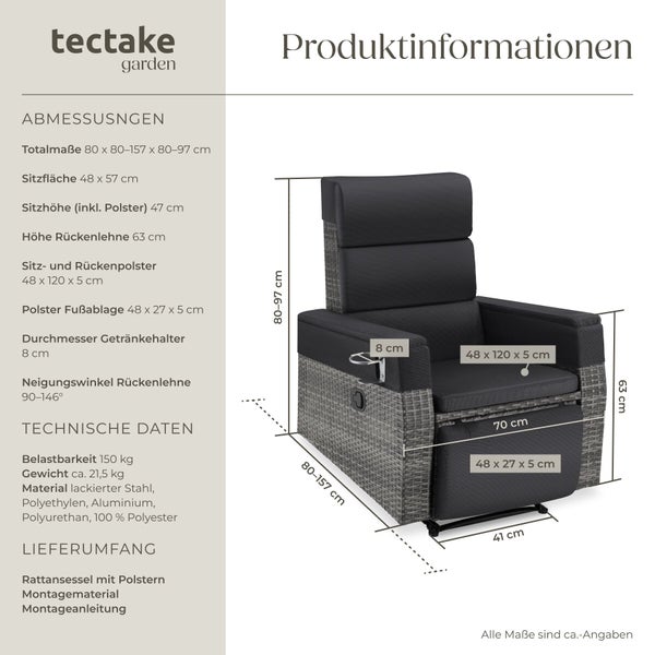 tectake garden Logo sowie Abmessungen und technische Daten für einen grauen Rattan-Gartenstuhl mit Maßen in Zentimeter für Sitz und Polster.