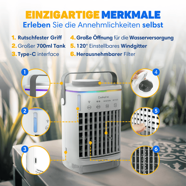 Vulpes Goods Mini-Klimaanlage -  Mobile Klimaanlage - Luftkühler - 4 Windgeschwindigkeiten - 2 Luftbefeuchtungsmodi - Timer