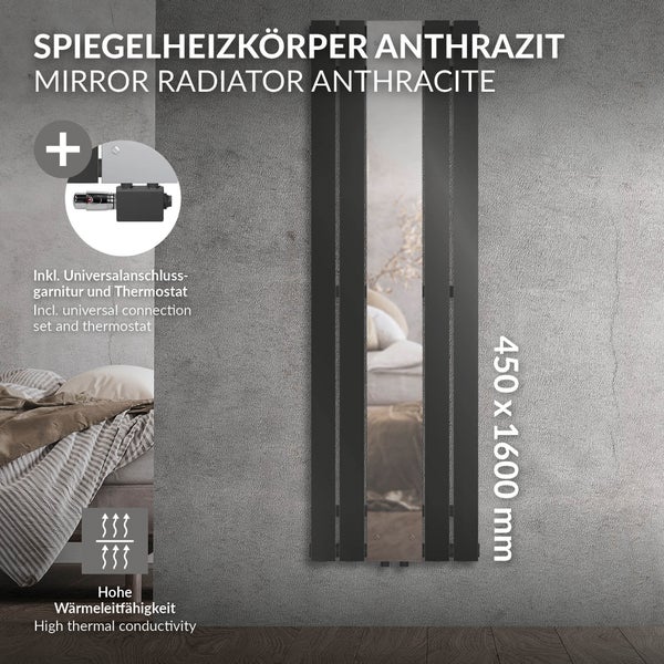 LuxeBath Badheizkörper mit Spiegel Mittelanschluss 1600x450 mm Anthrazit Anschlussgarnitur Universal Eck- und Durchgangsform Multiblock mit Thermostat Paneelheizkörper Spiegelheizkörper Glasheizkörper