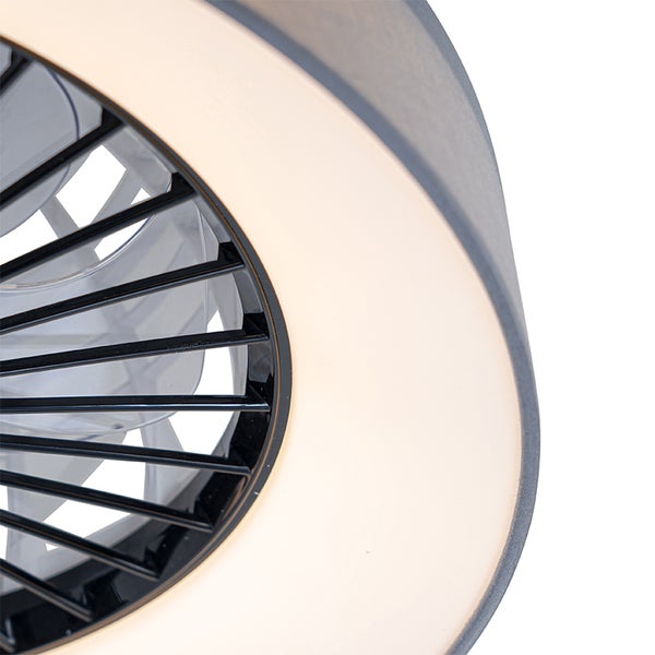 Nahaufnahme eines Deckenventilators mit integriertem Leuchtring und schwarzem Schutzgitter vor den Lüfterflügeln.