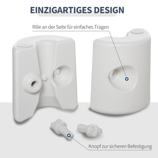 Zweiteiliges Standfußgewicht für Pavillons aus Kunststoff mit seitlicher Griffmulde für einfaches Tragen und Befestigungsschrauben.