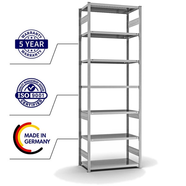 PROREGAL Fachbodenregal Stecksystem T-Profil Light-Duty Grundregal HxBxT 300 x 100 x 50 cm 7 Ebenen Fachlast 140 kg Beidseitig Nutzbar Verzinkt
