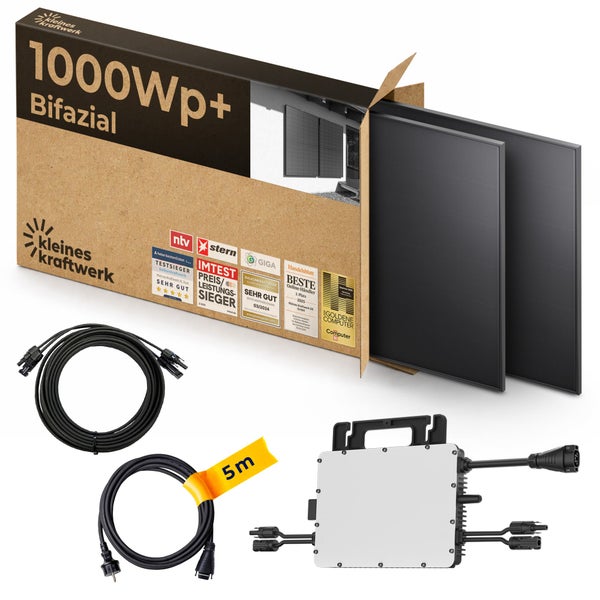 Kleines Kraftwerk Balkonkraftwerk Komplettset 1000 Watt Peak mit zwei bifazialen Solarmodulen, Wechselrichter und 5 Meter Anschlusskabel.