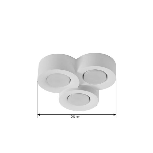 Deckenleuchte mit drei runden Strahlern und einer Abmessung von 26 Zentimetern.