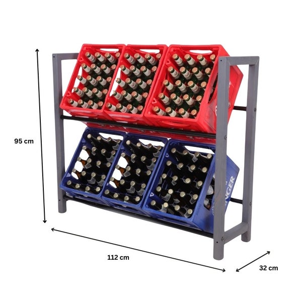 PROREGAL Getränkekistenregal HUNSRÜCK HxBxT 95x112x32cm 6 Kisten auf 2 Ebenen Massives Kiefernholz Grau geölt