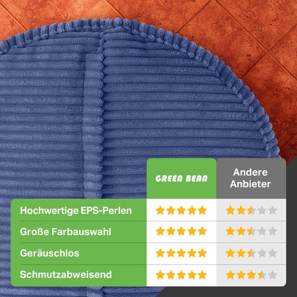 Green Bean Pouf-Kissen 45x25cm mit EPS-Perlen Füllung & Cordstoff Bodenkissen Liegekissen Sitzkissen Sitzhocker Sessel Kinder Erwachsene Stoff Hocker Ablage Dunkelblau