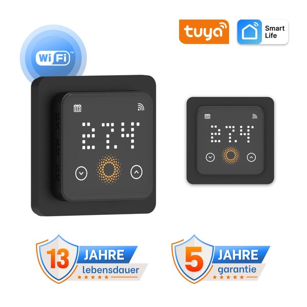 Schwarzes Smart-Thermostat mit Digitalanzeige, Wi-Fi, Tuya Logo, Smart Life Logo, 13 Jahren Lebensdauer und 5 Jahren Garantie.