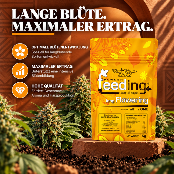 Green House Seed Co Powder Feeding Long Flowering Dünger für Pflanzen mit langer Blütezeit in der 1 Kilogramm Packung.
