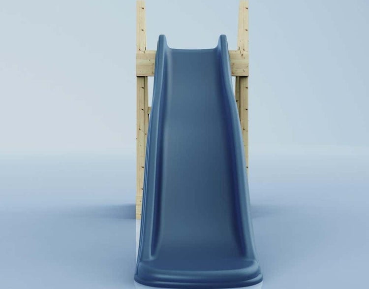 Blaue Wellenrutsche aus Kunststoff montiert an einem Holzgerüst für den Garten.