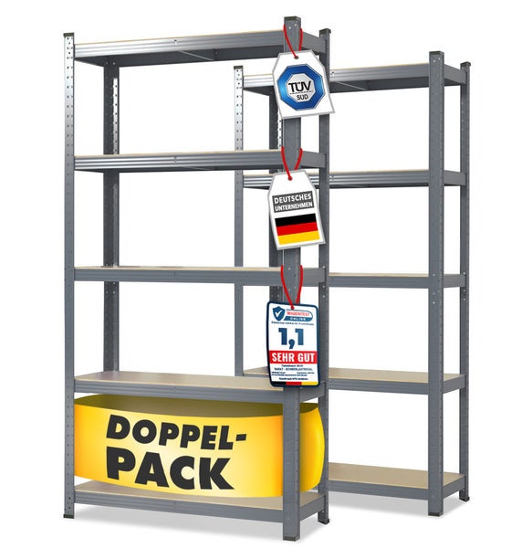 FLOORDIREKT Schwerlastregal Lakota - 2er Set - Universal einsetzbar - Grau - 200 x 120 x 60 cm - Traglast bis 875 kg
