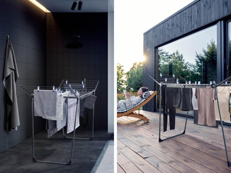 Leifheit Wäscheständer Pegasus 180 Solid Black, schwarzer Standtrockner mit Flügeln für lange Kleidungsstücke, standfester Wäschetrockner Ständer für drinnen und draußen, Wäschereck in modernem Design