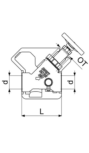 Maßzeichnung eines Freistromventils mit Handrad, zeigt Maße für Durchmesser d, Länge L und Oberteil OT sowie Nennweite 25.
