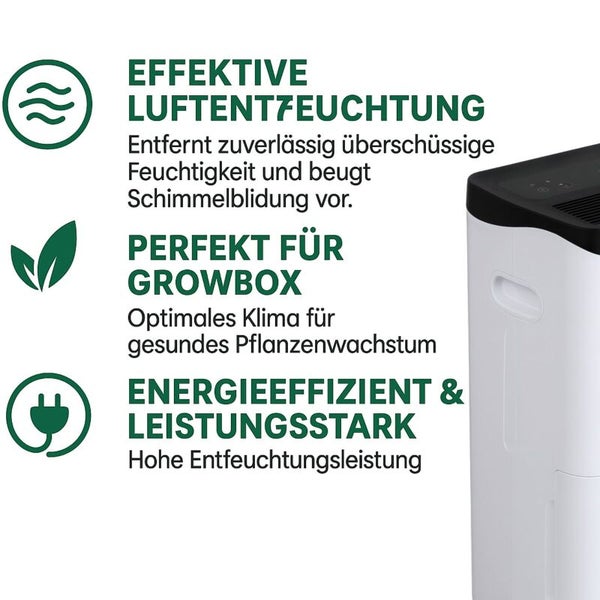 Produktvorteile eines Luftentfeuchters: Effektive Entfeuchtung gegen Schimmel, ideal für Growboxen und hohe Energieeffizienz.