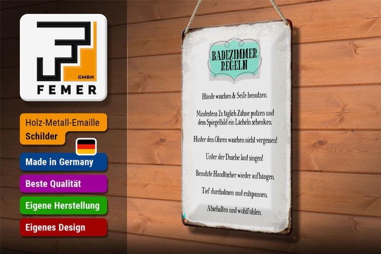 Blechschild Spruch 20x30cm Badezimmer Regeln Hände waschen