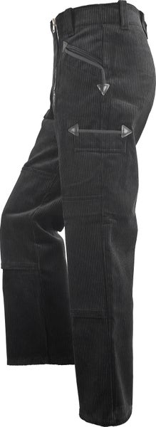 Schwarze Zunfthose aus Trenkercord mit Schlag, Knieverstärkung und lederverstärkten Taschen.