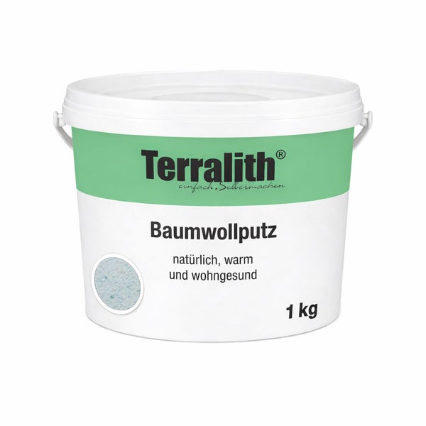 Hellblauer Terralith Baumwollputz im 1 Kilogramm Eimer, natürliche Wandbeschichtung für gesundes Wohnen.