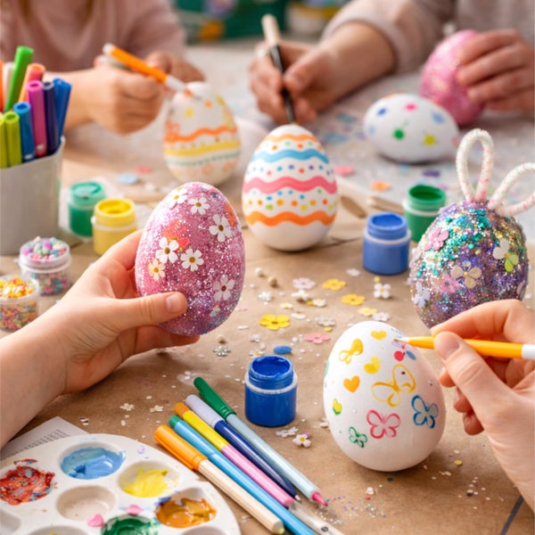 Hände dekorieren Ostereier mit Farbe, Filzstiften, Glitzer und Pailletten an einem Basteltisch.