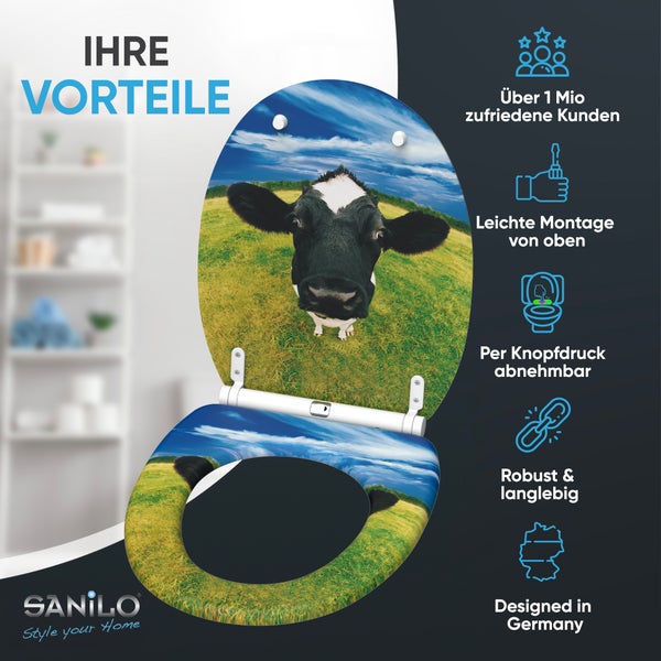 SANILO Style your Home Logo. Toilettendeckel mit Kuh-Motiv, Montage von oben, abnehmbar per Knopfdruck, robust, in Deutschland entworfen.