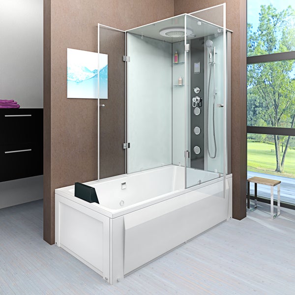 Inneneinansicht einer modernen Duschkabine mit einer großen runden Regendusche mit Beleuchtung, digitaler Steuerung und Handbrause.
