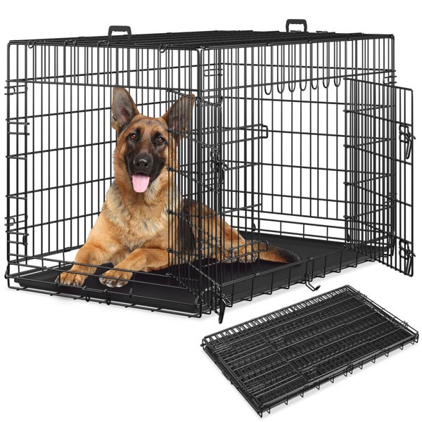 Schwarze, zusammenklappbare Hundegitterbox aus Metall mit zwei Türen, Bodenwanne, liegendem Hund und Abbildung im gefalteten Zustand.