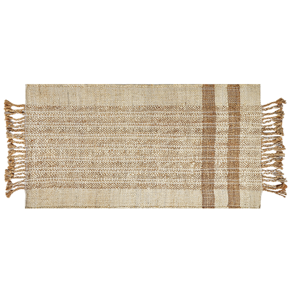 Rechteckiger gewebter Teppichläufer mit braunem Streifenmuster und dekorativen Fransen.