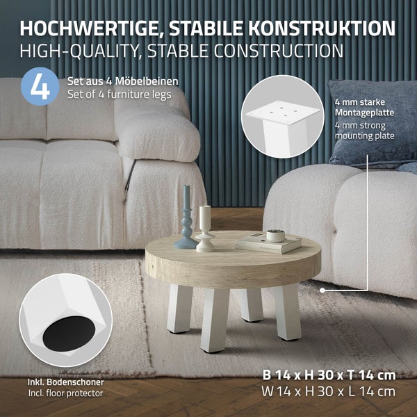 ML-Design 4er Set Tischbeine schräg H:30 cm, Weiß glänzend, aus pulverbeschichtetem Stahl, eckig, Profil 8x8 cm, I-Form, Möbelfüße Metall 96° Neigung, Tischfüße Möbelbeine für Couchtisch, Sitzbank