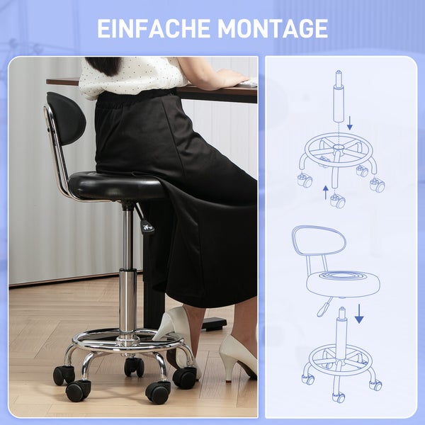 Szene mit einer Frau, die an einem höhenverstellbaren Schreibtisch sitzt, mit einem Rollhocker mit Rückenlehne.