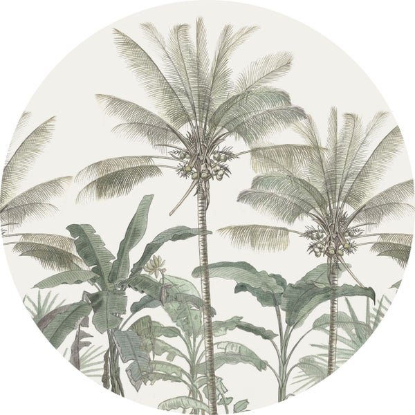 ESTAhome selbstklebende runde Tapete Palmen Hellbeige und Graugrün - Ø 70 cm - 158983
