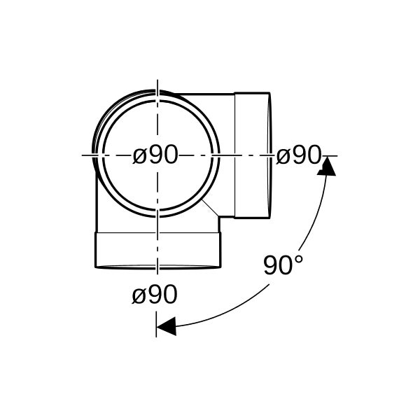Technische Zeichnung eines Rohrknies mit 90 Grad Winkel und 90 Millimeter Durchmesser.