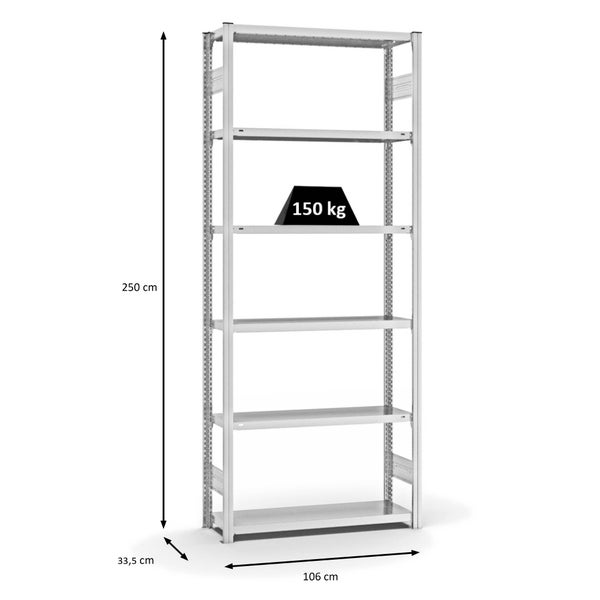 PROREGAL Fachbodenregal Stecksystem T-Profil Light-Duty Grundregal HxBxT 250 x 100 x 30 cm 6 Ebenen Fachlast 150 kg Beidseitig Nutzbar Lichtgrau