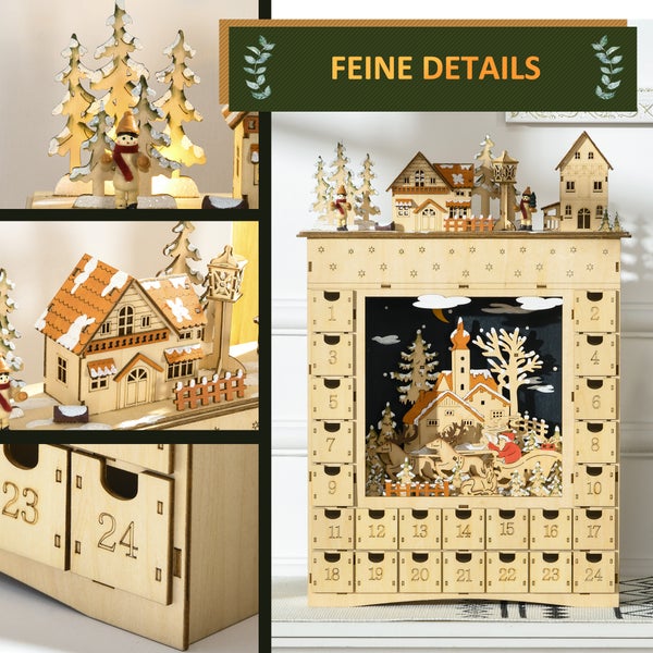 Hölzerner Adventskalender mit vierundzwanzig Schubladen und beleuchteter Winterszene im Zentrum, Detailansichten von Holzfiguren und nummerierten Fächern.