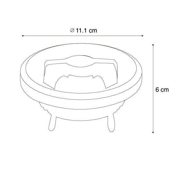 Skizze eines Speisewärmers mit einem Durchmesser von 11,1 Zentimeter und einer Höhe von 6 Zentimeter.
