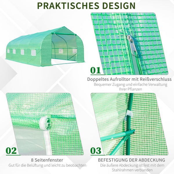 Outsunny Foliengewächshaus, Giebeldach, 595 × 300 × 200cm, Eisenrohr, PE, Grün