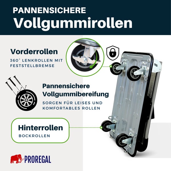 Pannensichere Vollgummirollen für Plattformwagen mit 360 Grad Lenkrollen, Feststellbremse und Bockrollen. Proregal Logo.