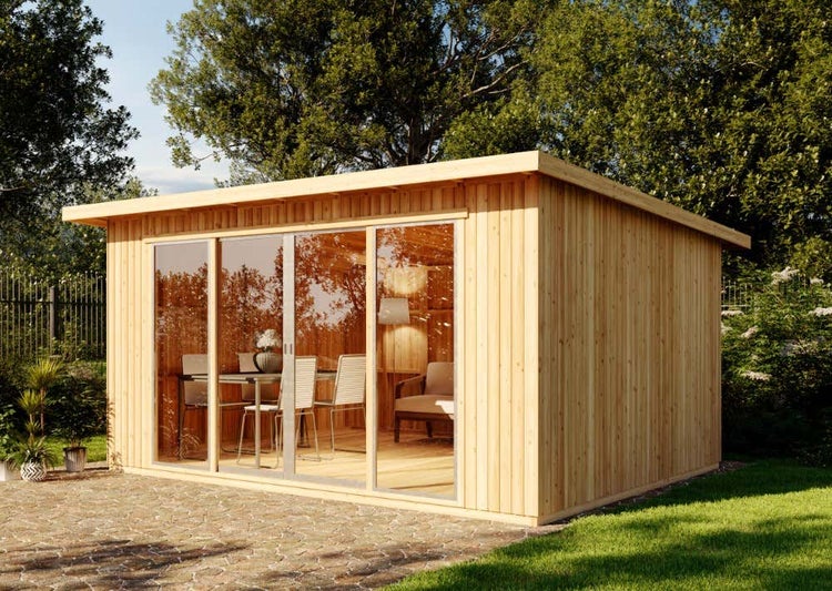 Alpholz Gartenhaus Johanna mit Schiebetür Gartenhaus aus Holz, Holzhaus mit 63 mm Wandstärke Blockbohlenhaus, Naturbelassen 4,4x3,4m