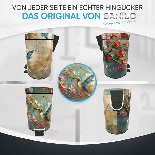 Tretmülleimer von Sanilo mit Kolibri und Blumen Motiv, runde Form, mit Tragegriff und Deckelmechanik, in vier verschiedenen Ansichten.