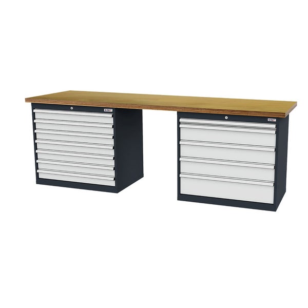 Werkbank mit zwei Metall-Schubladenschränken und einer Arbeitsplatte aus Holz. Links neun Schubladen, rechts fünf Schubladen.