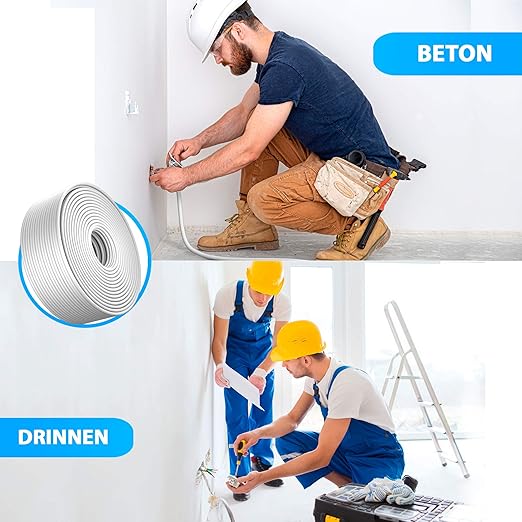 Handwerker bei der Elektroinstallation mit weißer Kabelrolle für den Einsatz im Innenbereich und in Beton.