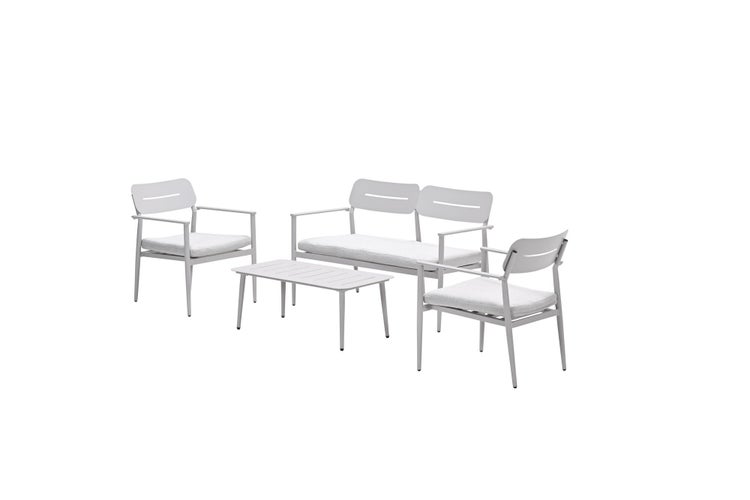 Modernes Lounge-Set aus Metall bestehend aus einer Gartenbank für zwei Personen, zwei Sesseln und einem Loungetisch inklusive Sitzkissen.
