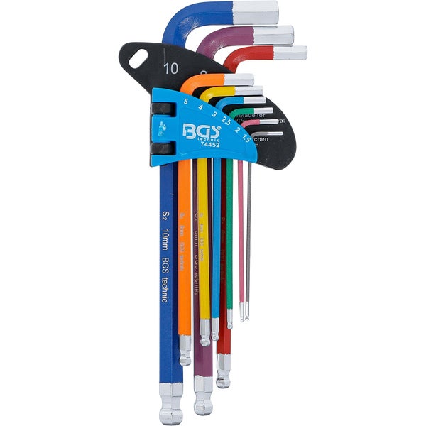 BGS technic Winkelschlüsselsatz, neunteilig, Innensechskantschlüssel mit Kugelkopf aus S2-Stahl, farbig sortiert in Kunststoffhalterung.
