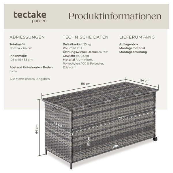 Produktinformationen für die tectake Auflagenbox mit Maßen circa 116 mal 54 mal 64 Zentimeter, technischen Details und Lieferumfang.