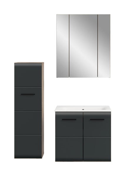 Badmöbel-Set mit anthrazitfarbenem Waschbeckenunterschrank, weißem Keramikwaschbecken, dreitürigem Spiegelschrank und hohem Seitenschrank.