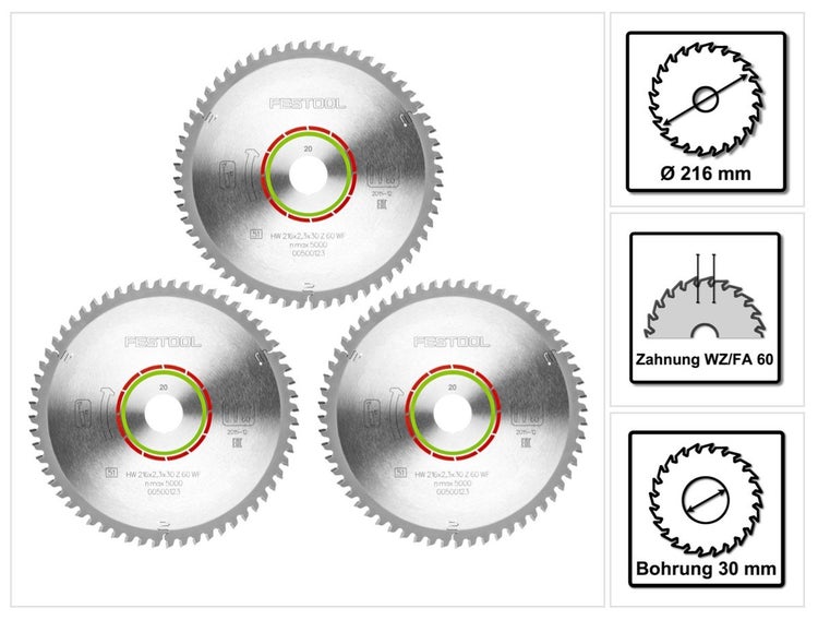 Festool Spezial Kreissägeblatt Set 3x HW 216 x 30 x 2,3 mm WZ/FA60 216 mm ( 3x 500123 ) 60 Zähne
