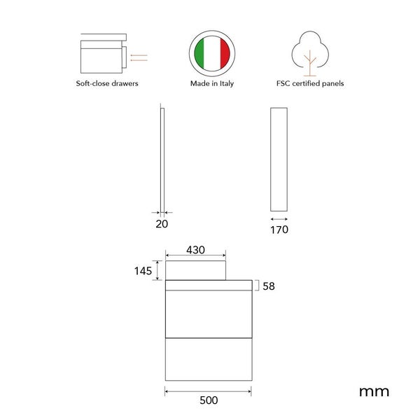 Technische Zeichnung mit Maßangaben für einen Waschtischunterschrank mit Softclose-Schubladen, hergestellt in Italien aus FSC zertifizierten Platten.