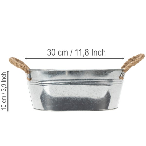Ovale Zinkschale mit Seilgriffen, Breite 30 Zentimeter, Höhe 10 Zentimeter.