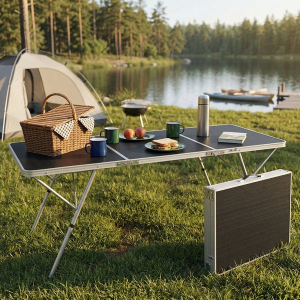 Klappbarer Campingtisch mit schwarzer Fläche und Aluminiumgestell auf einer Wiese am See, inklusive zusammengeklappter Koffervariante.