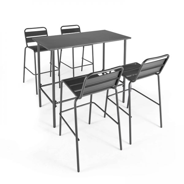 Modernes Barset aus Metall bestehend aus einem rechteckigen Stehtisch und vier passenden Barhockern mit Rückenlehne.