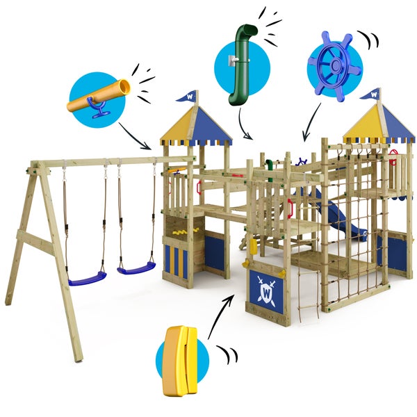 WICKEY Spielturm Ritterburg Smart Queen mit Schaukel und Rutsche, Spielhaus mit Sandkasten, Kletterleiter und Spiel-Zubehör - blau